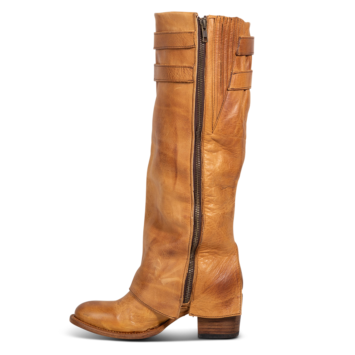 Inside view showing gore detailing and brass zip closure on FREEBIRD women's Nighthawk wheat boot