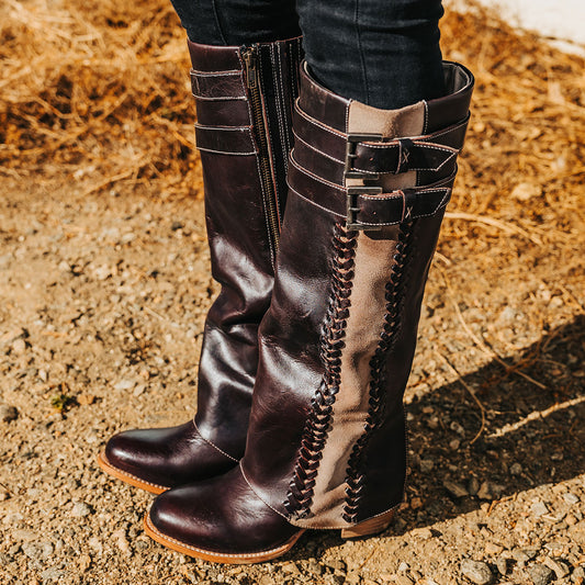 FREEBIRD women's Nighthawk wine tall boot with braided inlay detailing, brass zip closure, and round toe