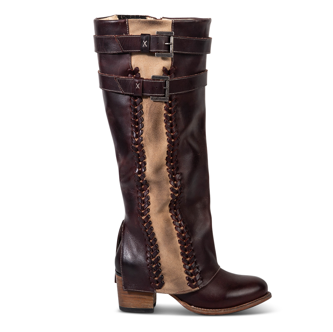 FREEBIRD women's Nighthawk wine tall boot with braided inlay detailing, brass zip closure, and round toe