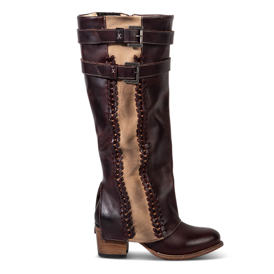 FREEBIRD women's Nighthawk wine tall boot with braided inlay detailing, brass zip closure, and round toe