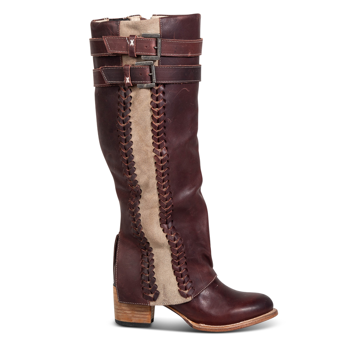 FREEBIRD women's Nighthawk wine tall boot with braided inlay detailing, brass zip closure, and round toe