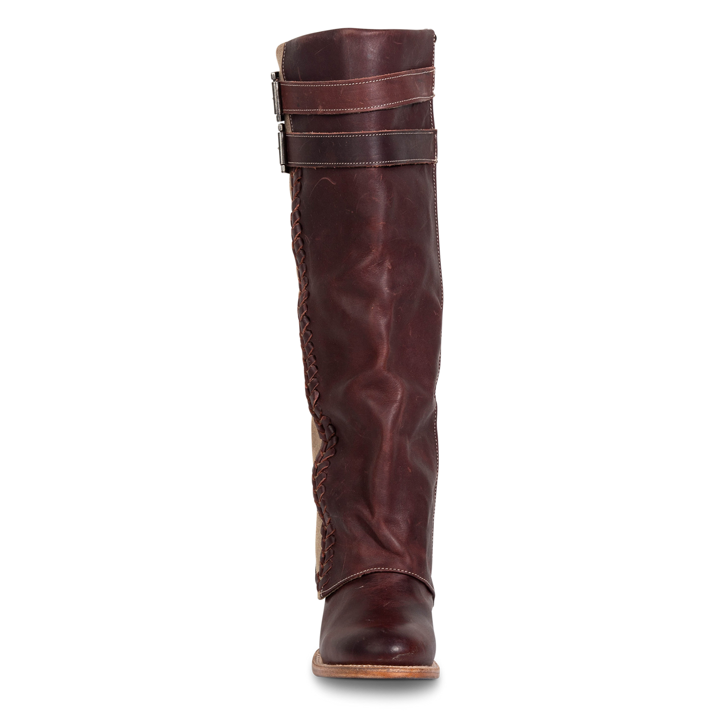 Front view showing relaxed shaft silhouette and two leather straps on FREEBIRD women's Nighthawk wine boot