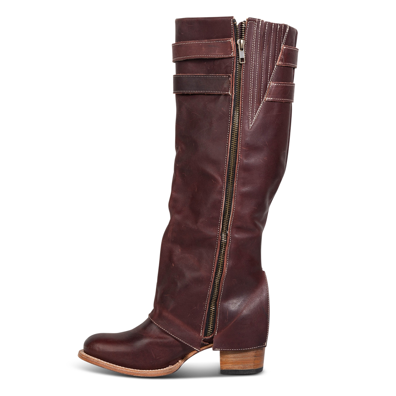 Inside view showing gore detailing and brass zip closure on FREEBIRD women's Nighthawk wine boot