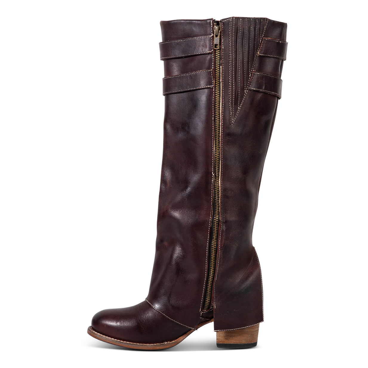 Inside view showing gore detailing and brass zip closure on FREEBIRD women's Nighthawk wine boot