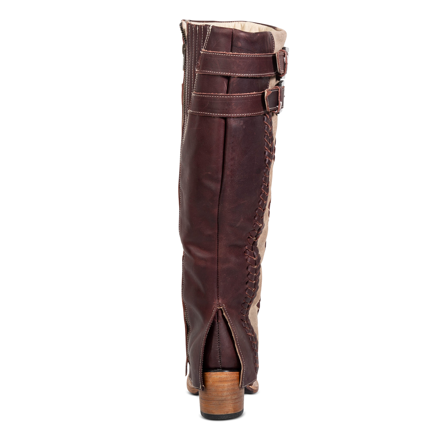 Back view showing shaft overlay and low heel on FREEBIRD women's Nighthawk wine boot