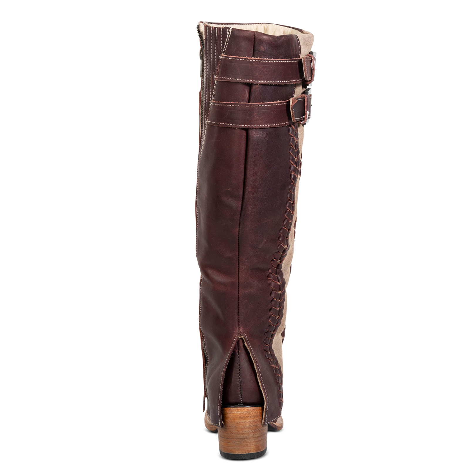 Back view showing shaft overlay and low heel on FREEBIRD women's Nighthawk wine boot