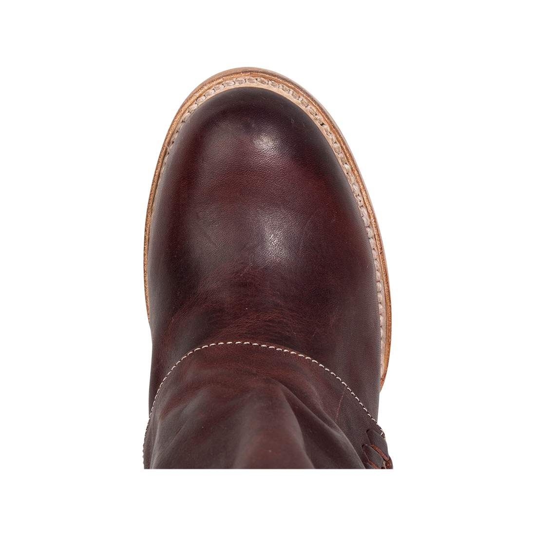 Top view showing round toe construction on FREEBIRD women's Nighthawk wine boot