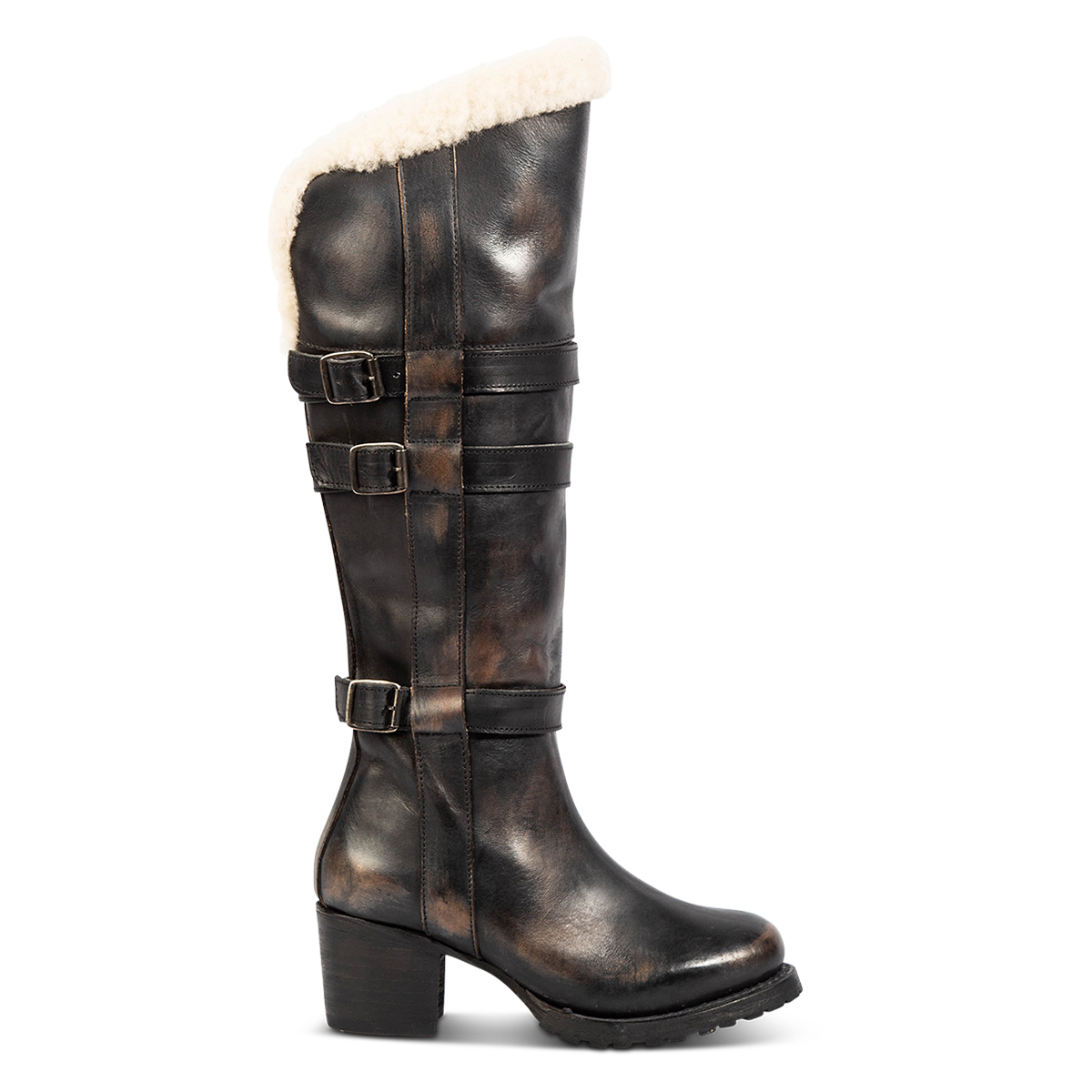 FREEBIRD women's North black leather boot with shearling top circumference lining, full inside working brass zipper and decorative shaft belts