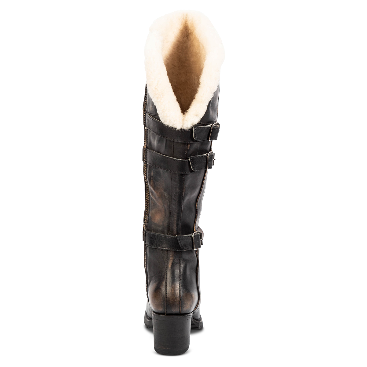 Back view showing shearling lined upper, decorative shaft belts and a stacked heel on FREEBIRD women's North black leather boot