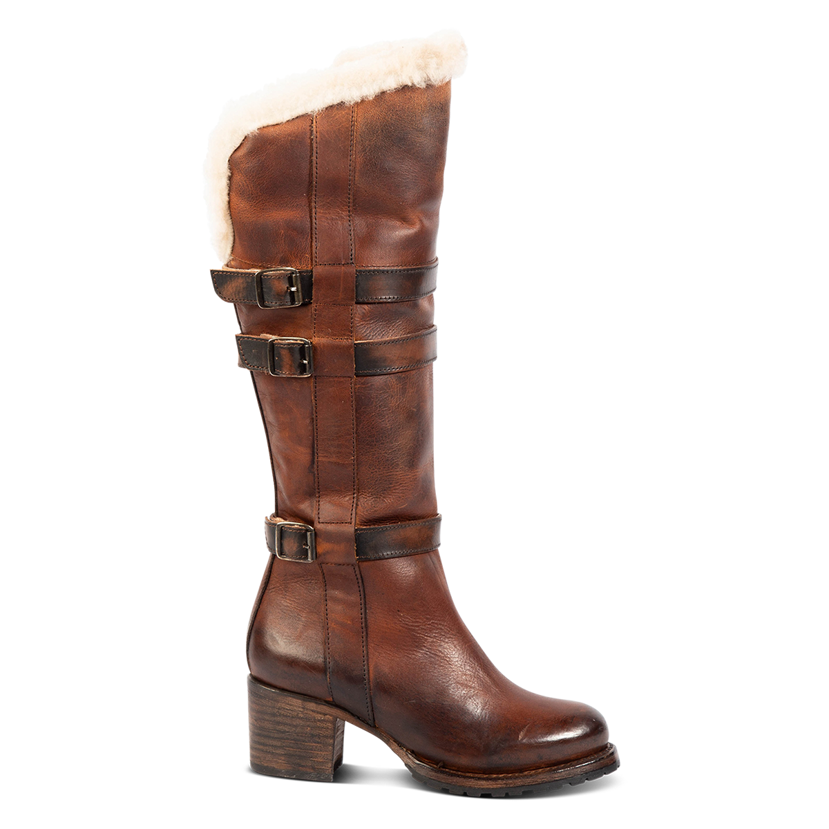 FREEBIRD women's North tan leather boot with shearling top circumference lining, full inside working brass zipper and decorative shaft belts