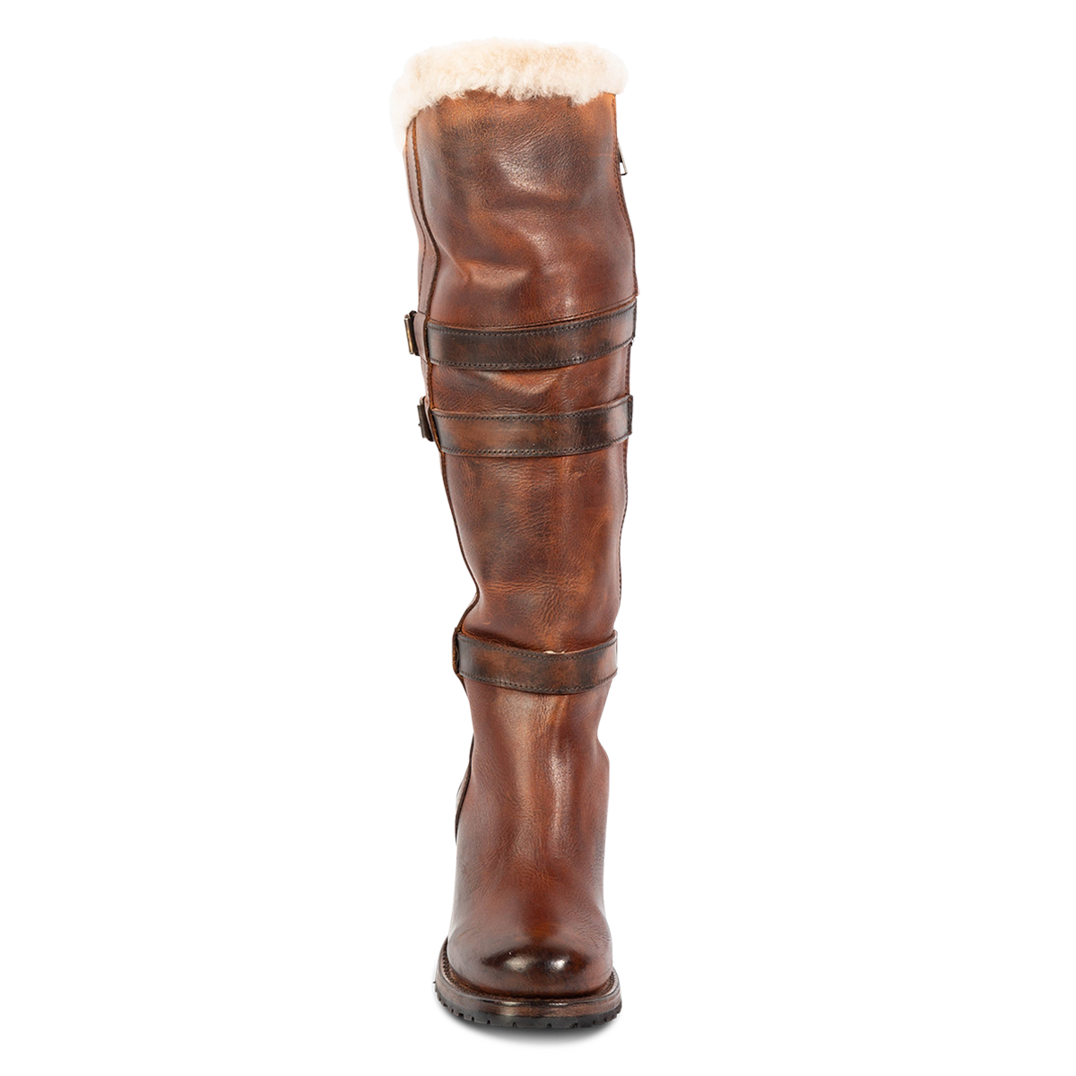 Front view showing FREEBIRD women's North tan leather tall leather boot with shearling upper lining, decorative shaft belts and a rounded toe 