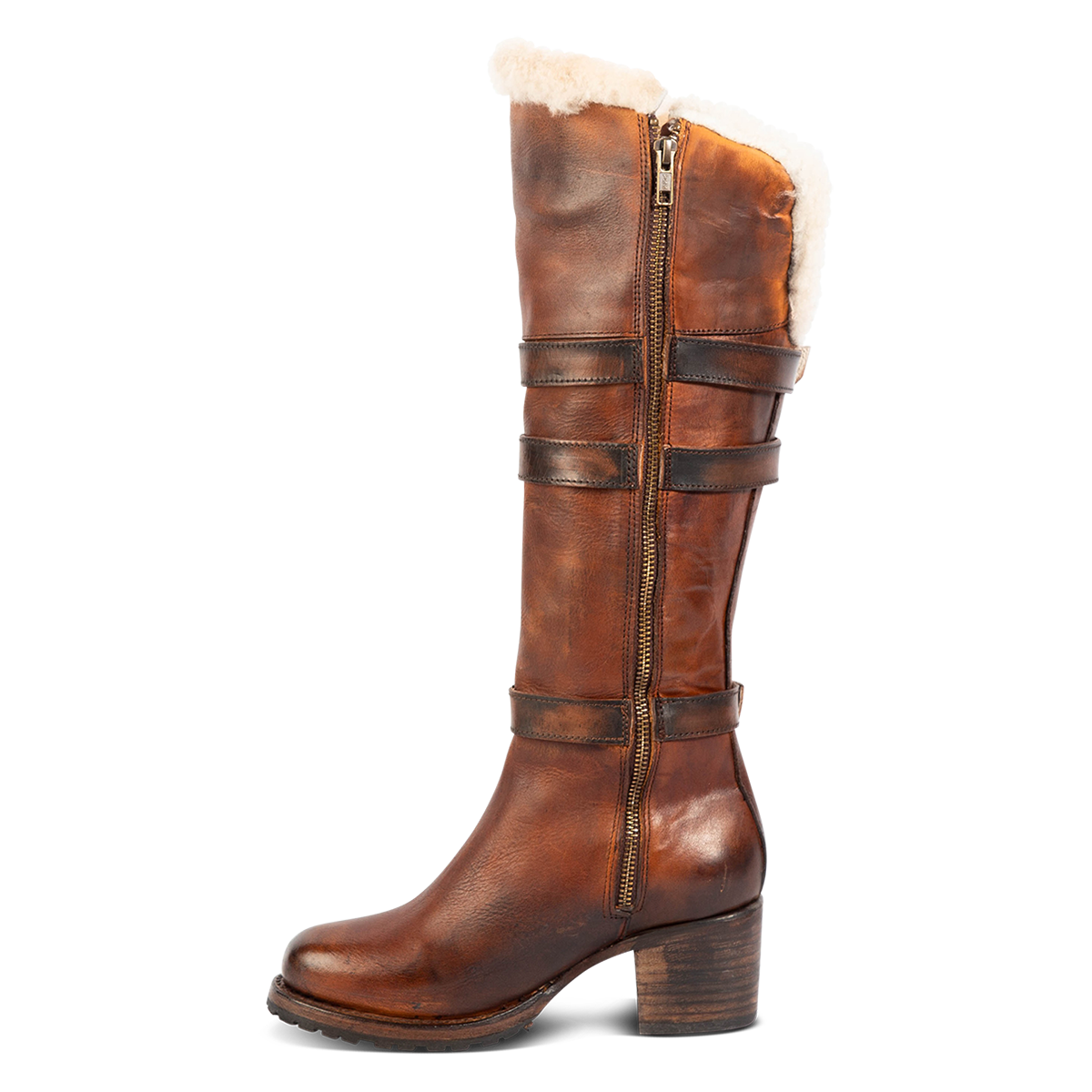 Inside view showing a full working inside brass zipper, stacked heel, decorative shaft belts and shearling lined upper on FREEBIRD women's North tan leather boot 
