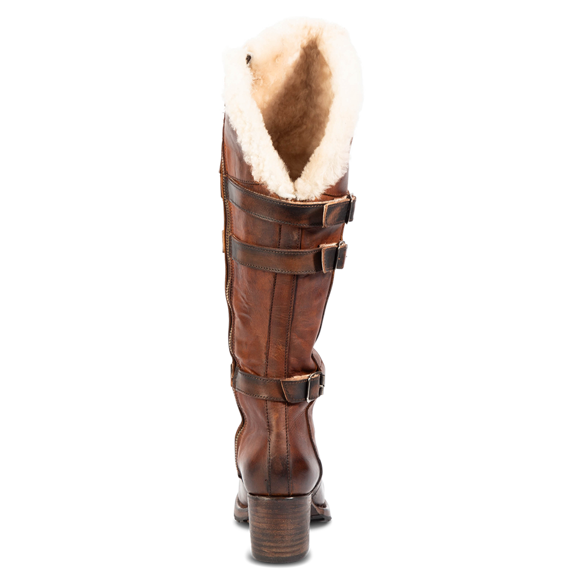 Back view showing shearling lined upper, decorative shaft belts and a stacked heel on FREEBIRD women's North tan leather boot 