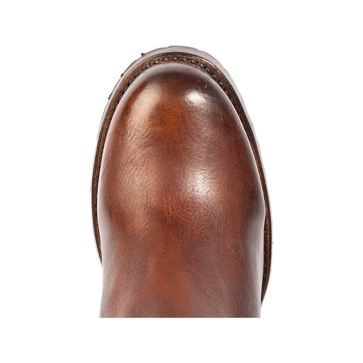 Top view showing a rounded toe with 100% full grain leather on FREEBIRD women's North tan leather boot 
