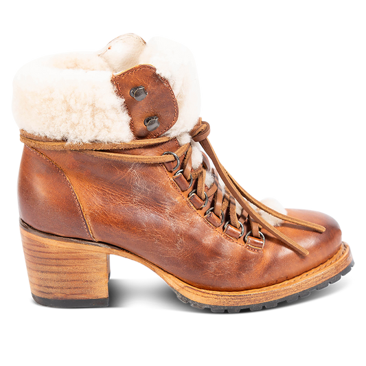 FREEBIRD women's Norway tan shearling lined heeled rubber tread sole lace up bootie