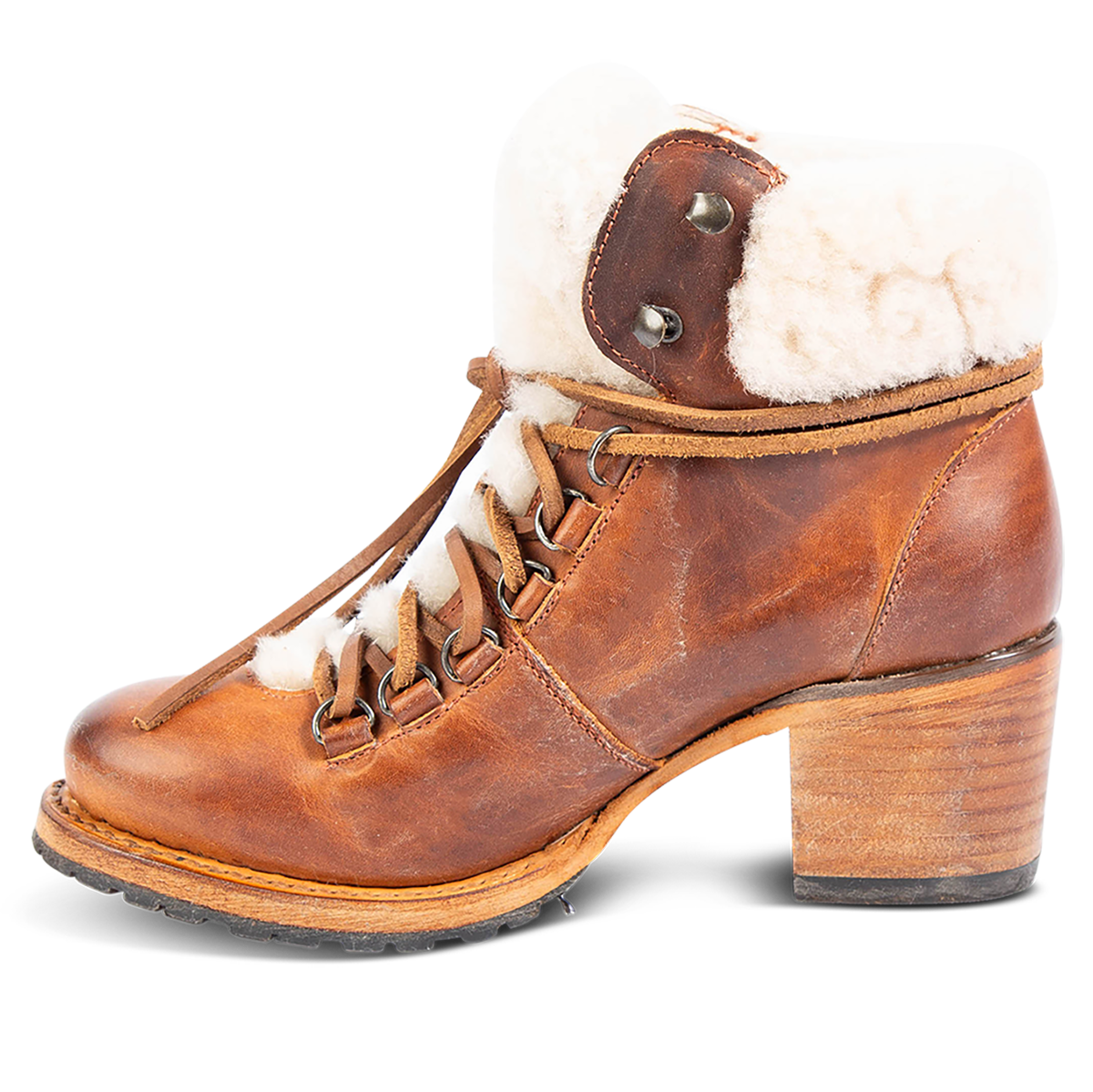 Inside view showing shearling ankle trim and wrap around leather lacing on FREEBIRD women's Norway tan leather bootie