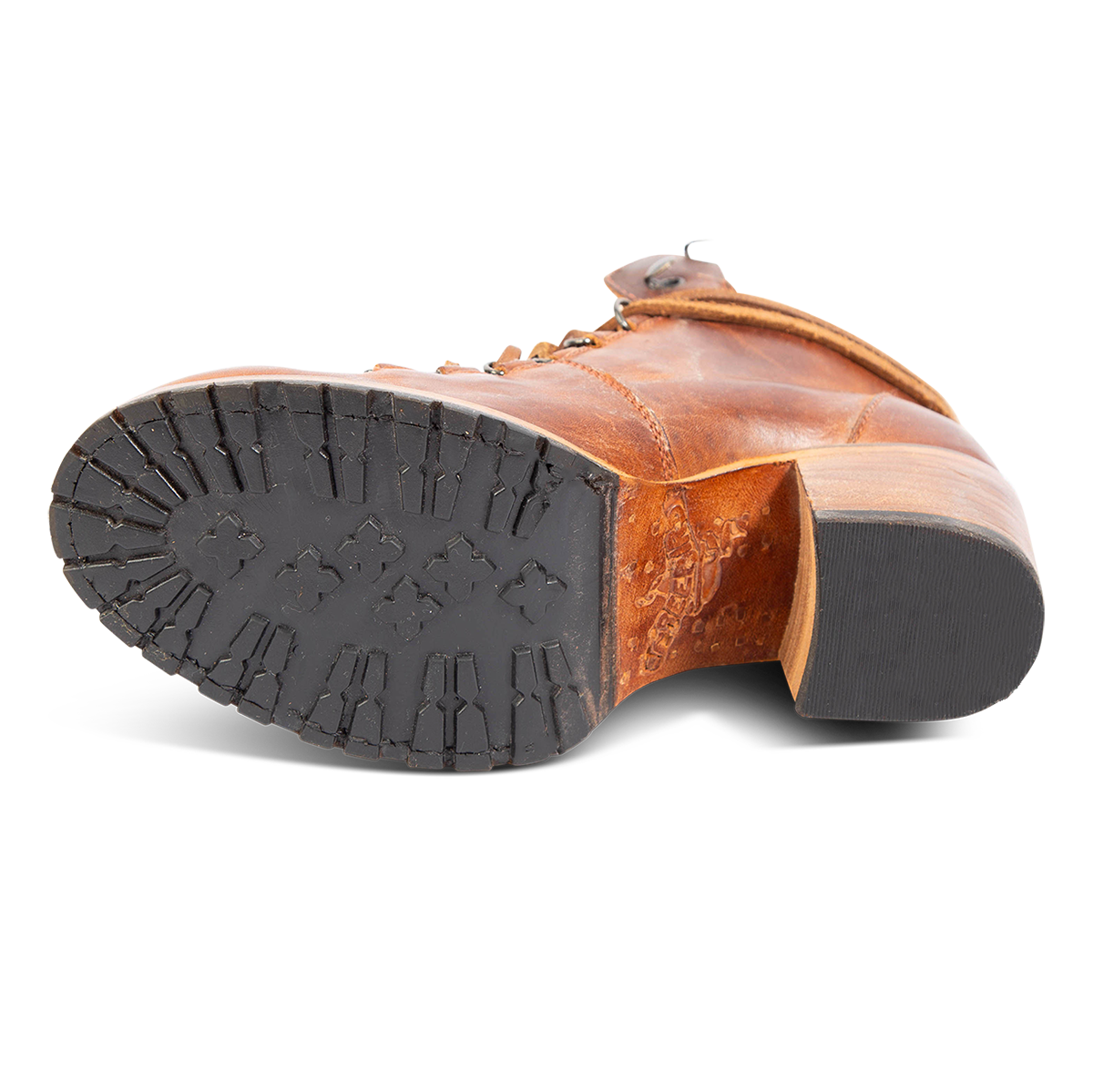 Rubber tread sole imprinted with FREEBIRD on women's Norway tan leather bootie