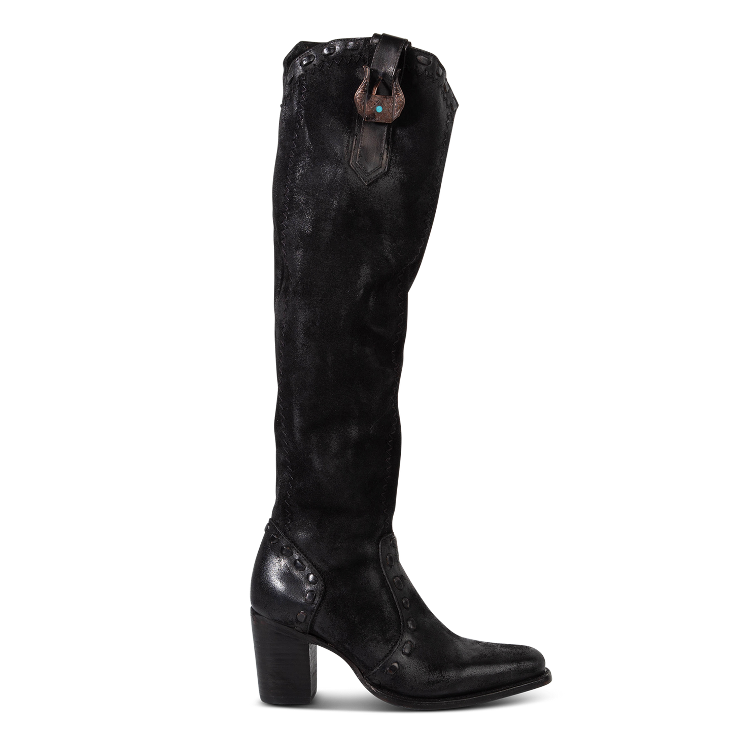 FREEBIRD women's Paisley black suede knee high boot with whipstitch detailing and brass zip closure