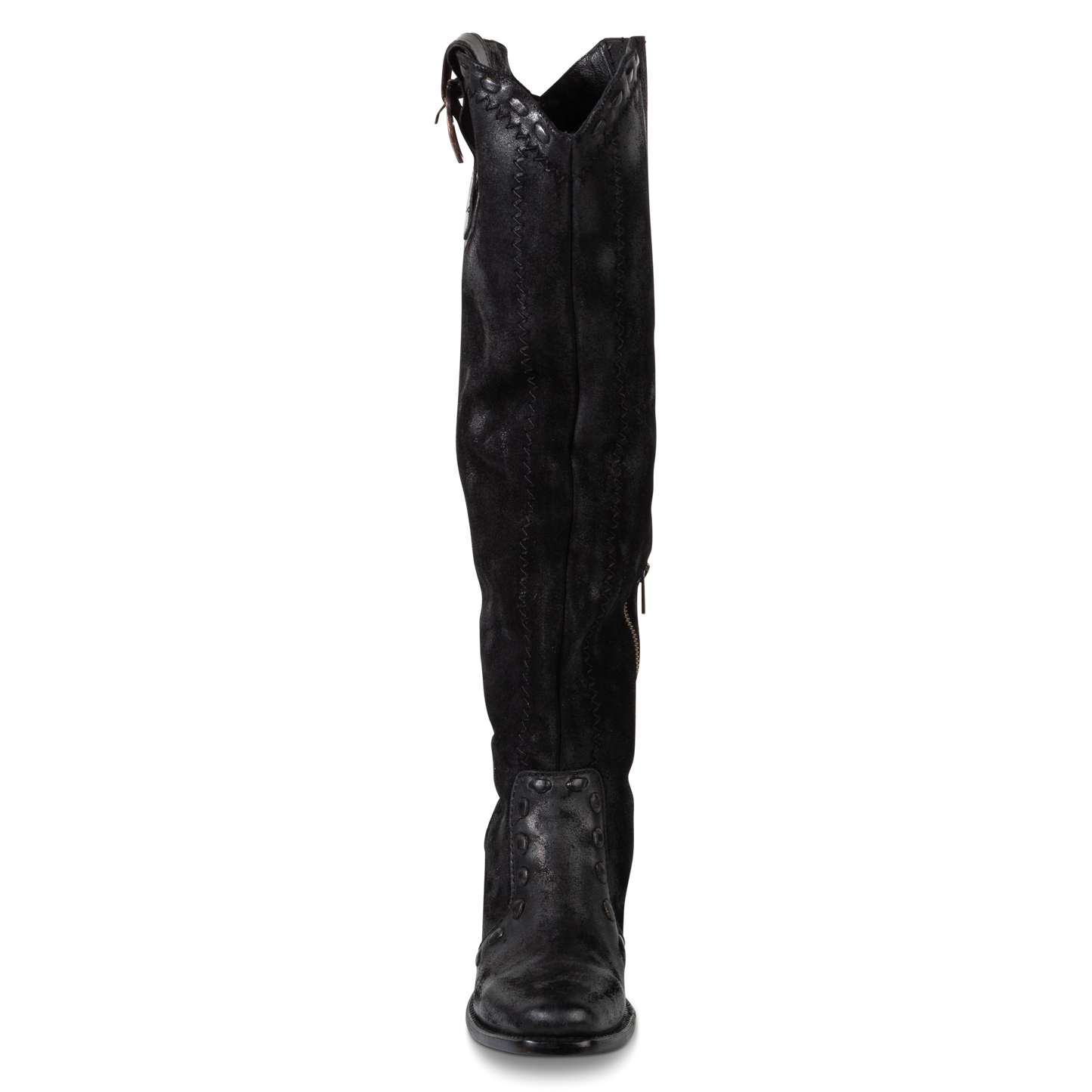 Front view showing tall leather shaft with whipstitch detailing and front dip on FREEBIRD women's Paisley black suede boot