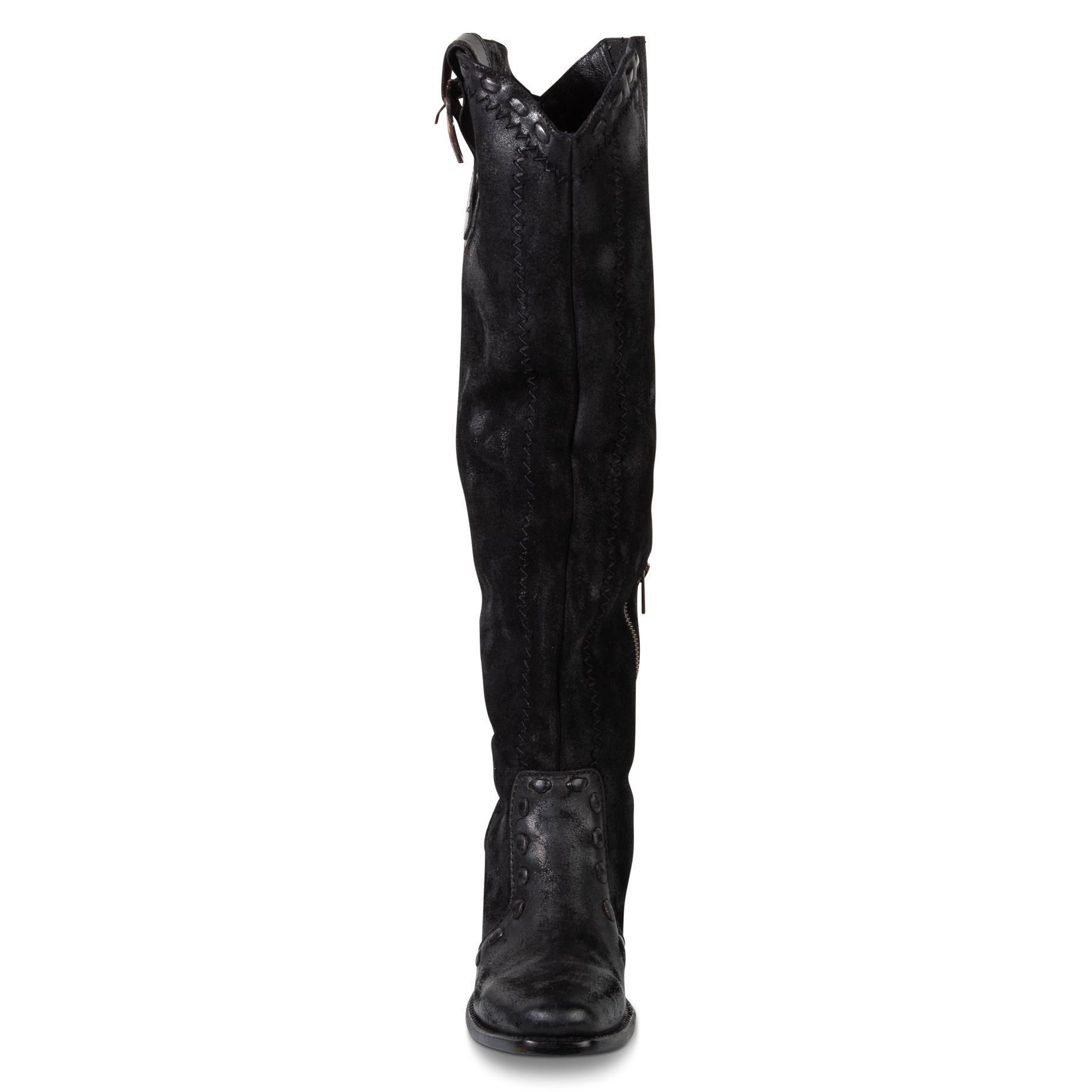 Front view showing tall leather shaft with whipstitch detailing and front dip on FREEBIRD women's Paisley black suede boot
