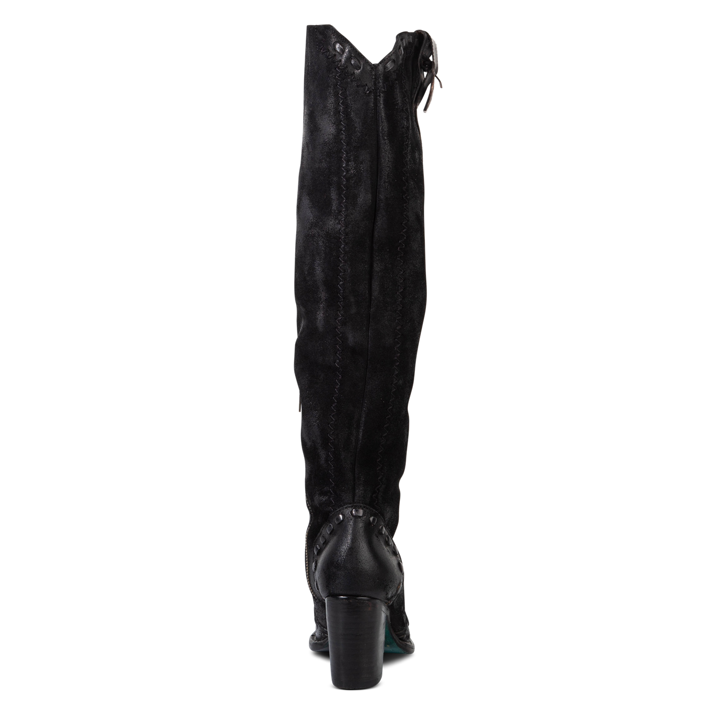 Back view showing high leather wrapped heel on FREEBIRD women's Paisley black suede boot