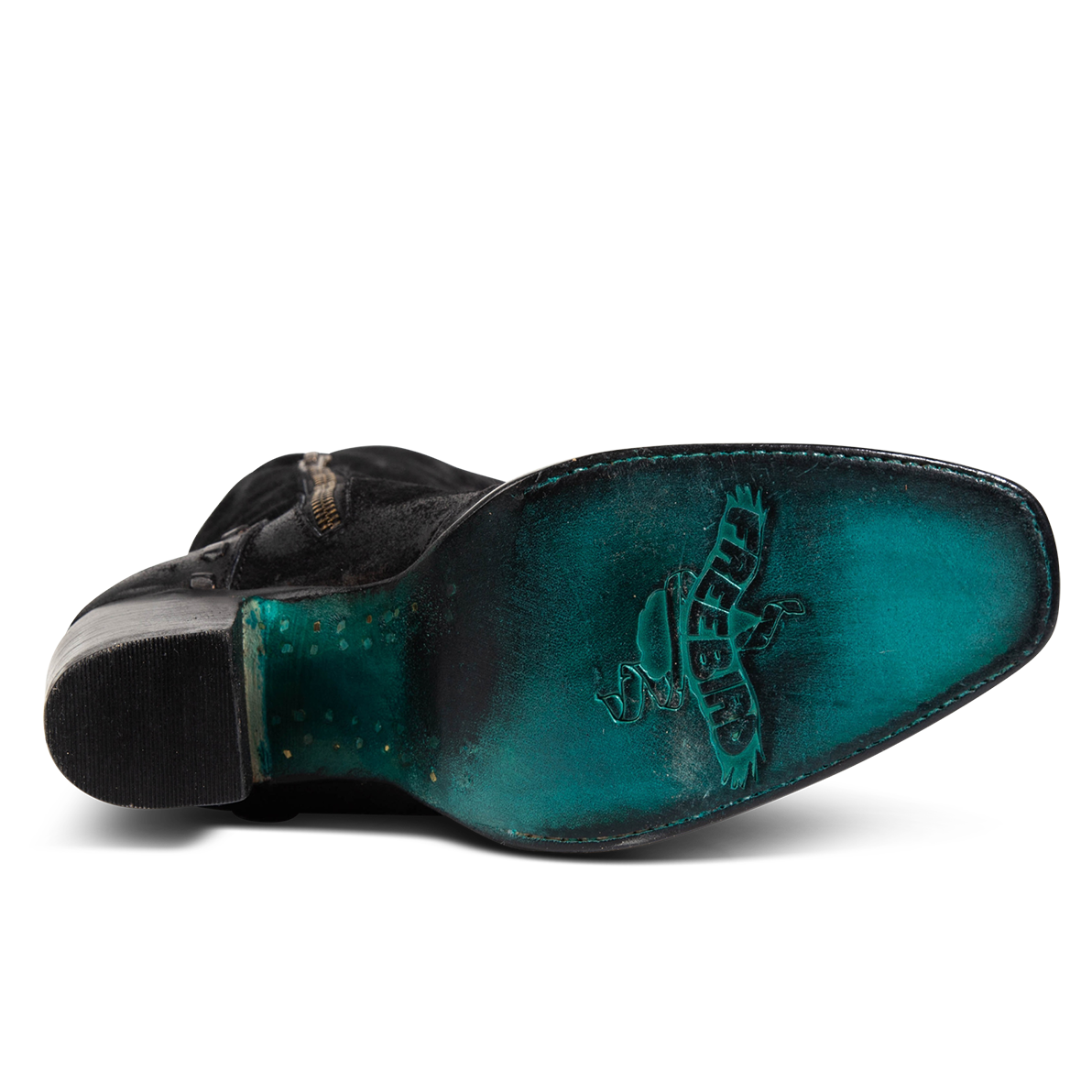Turquoise leather sole imprinted with FREEBIRD on women's Paisley black suede boot