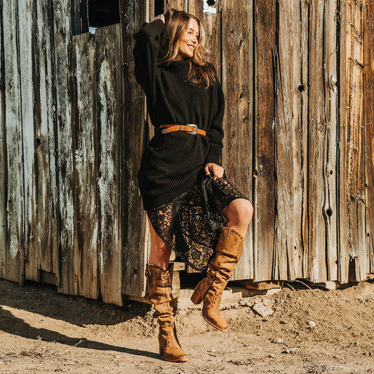 FREEBIRD women's Paisley cognac suede knee high boot with whipstitch detailing and brass zip closure lifestyle image