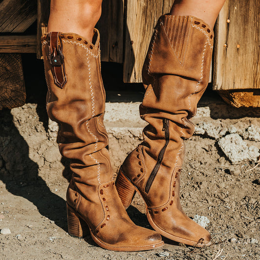 FREEBIRD women's Paisley cognac suede knee high boot with whipstitch detailing and brass zip closure