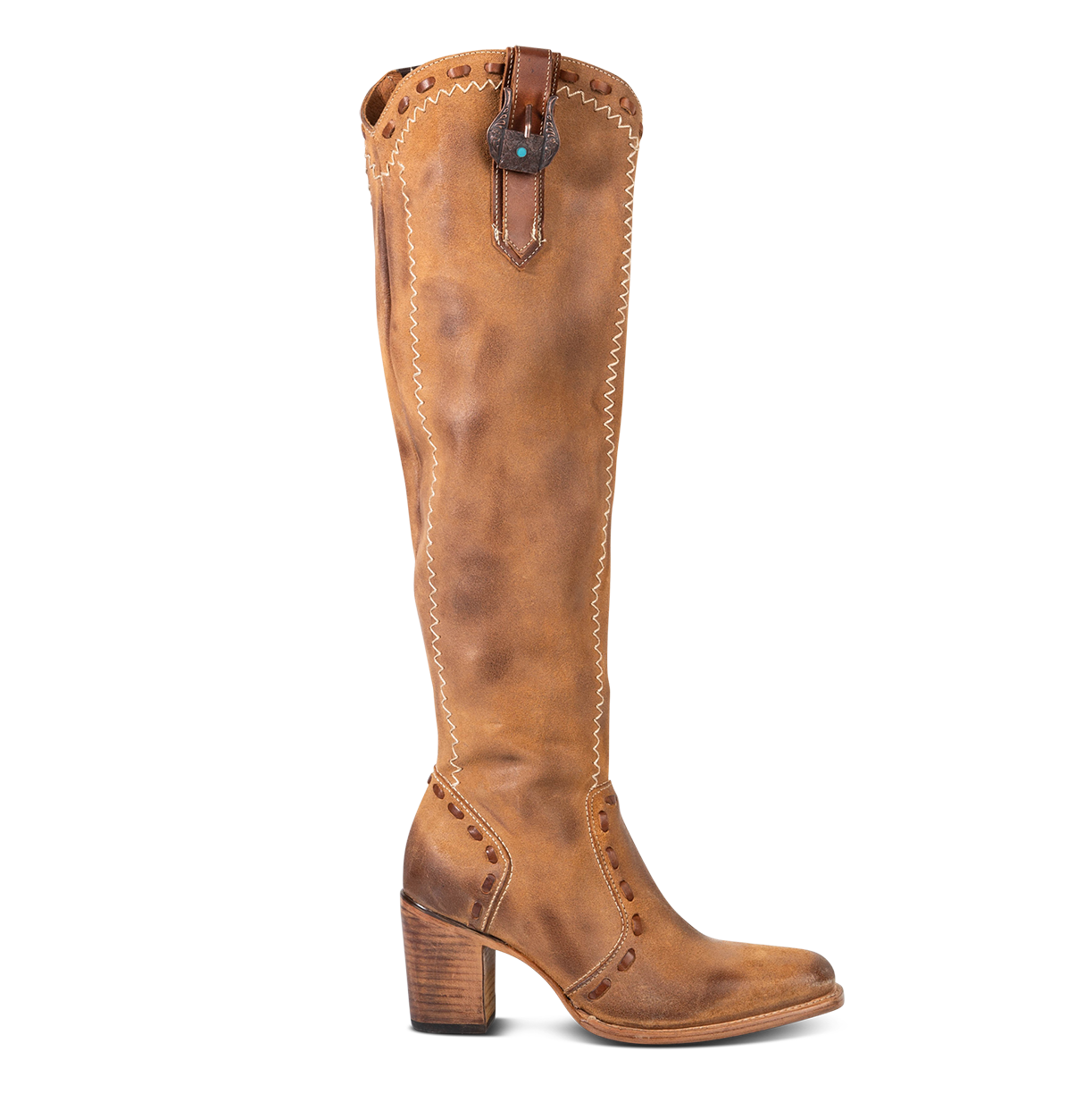 FREEBIRD women's Paisley cognac suede knee high boot with whipstitch detailing and brass zip closure