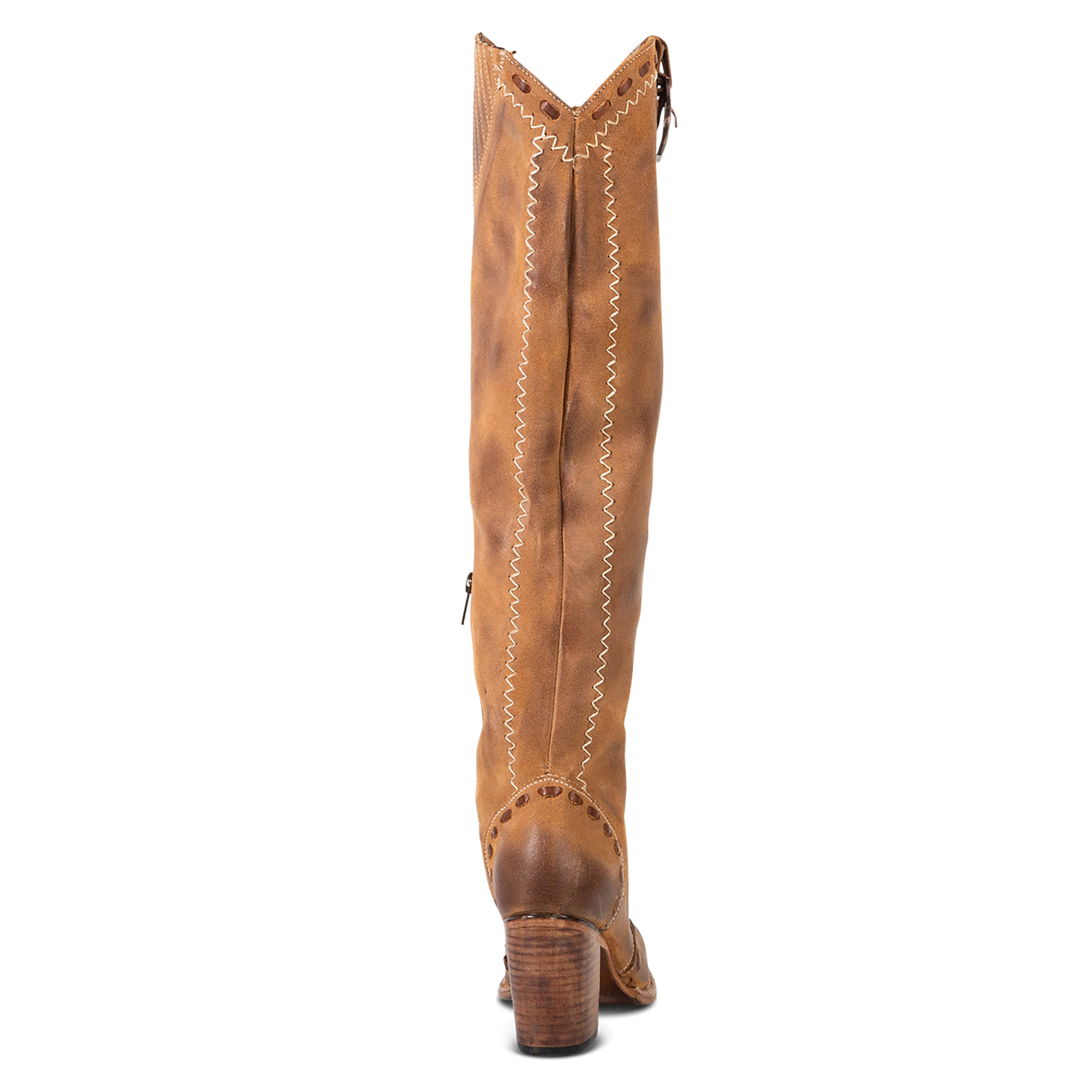 Back view showing high leather wrapped heel on FREEBIRD women's Paisley cognac suede boot