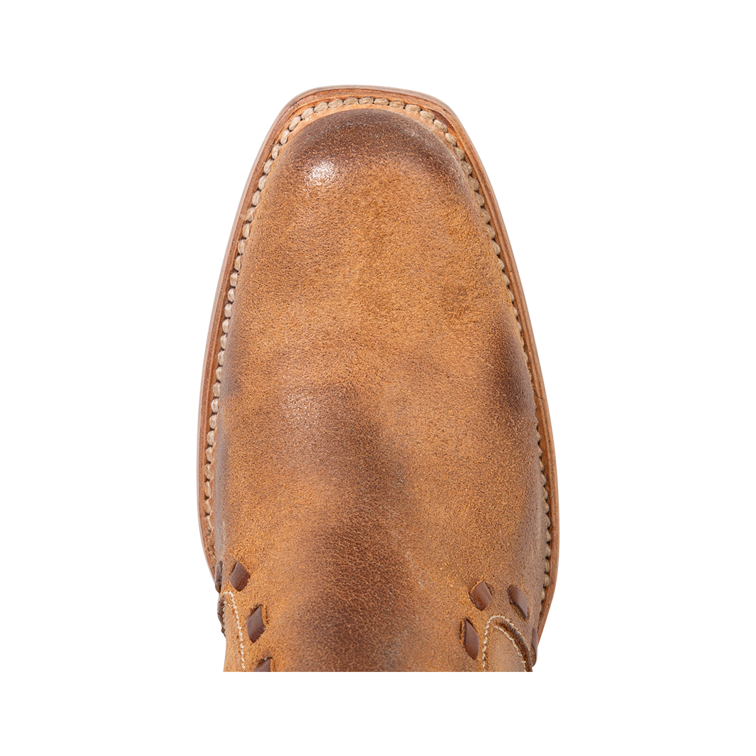Top view showing narrow toe construction on FREEBIRD women's Paisley cognac suede boot