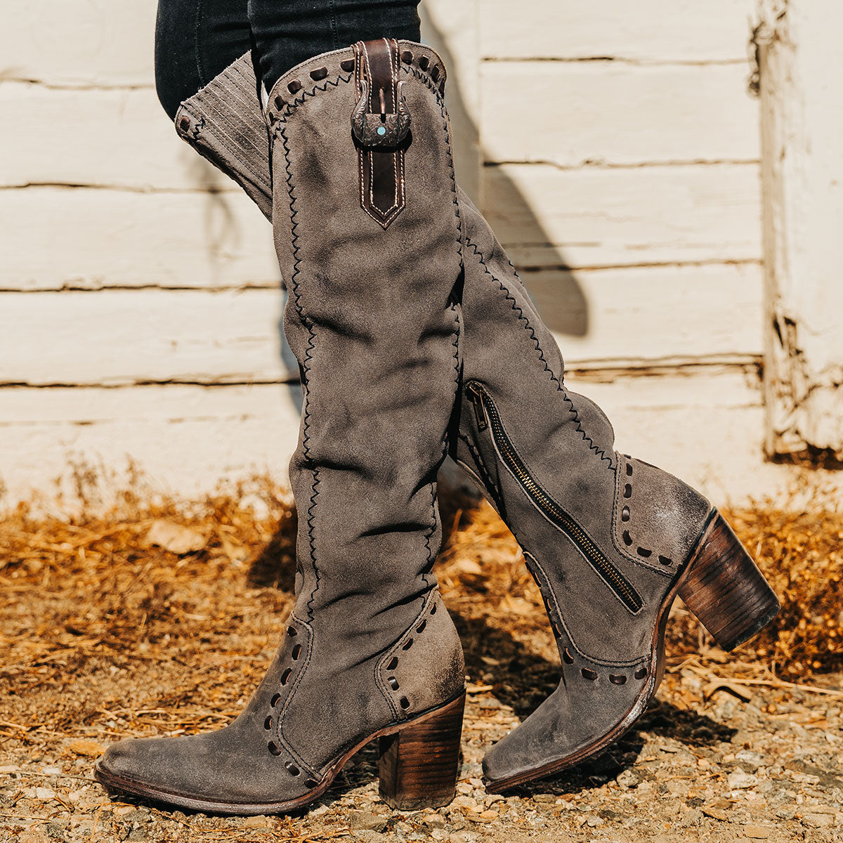 FREEBIRD women's Paisley grey suede knee high boot with whipstitch detailing and brass zip closure