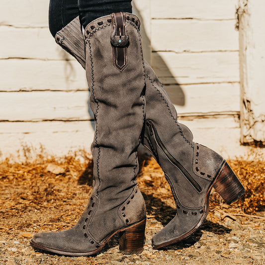 FREEBIRD women's Paisley grey suede knee high boot with whipstitch detailing and brass zip closure