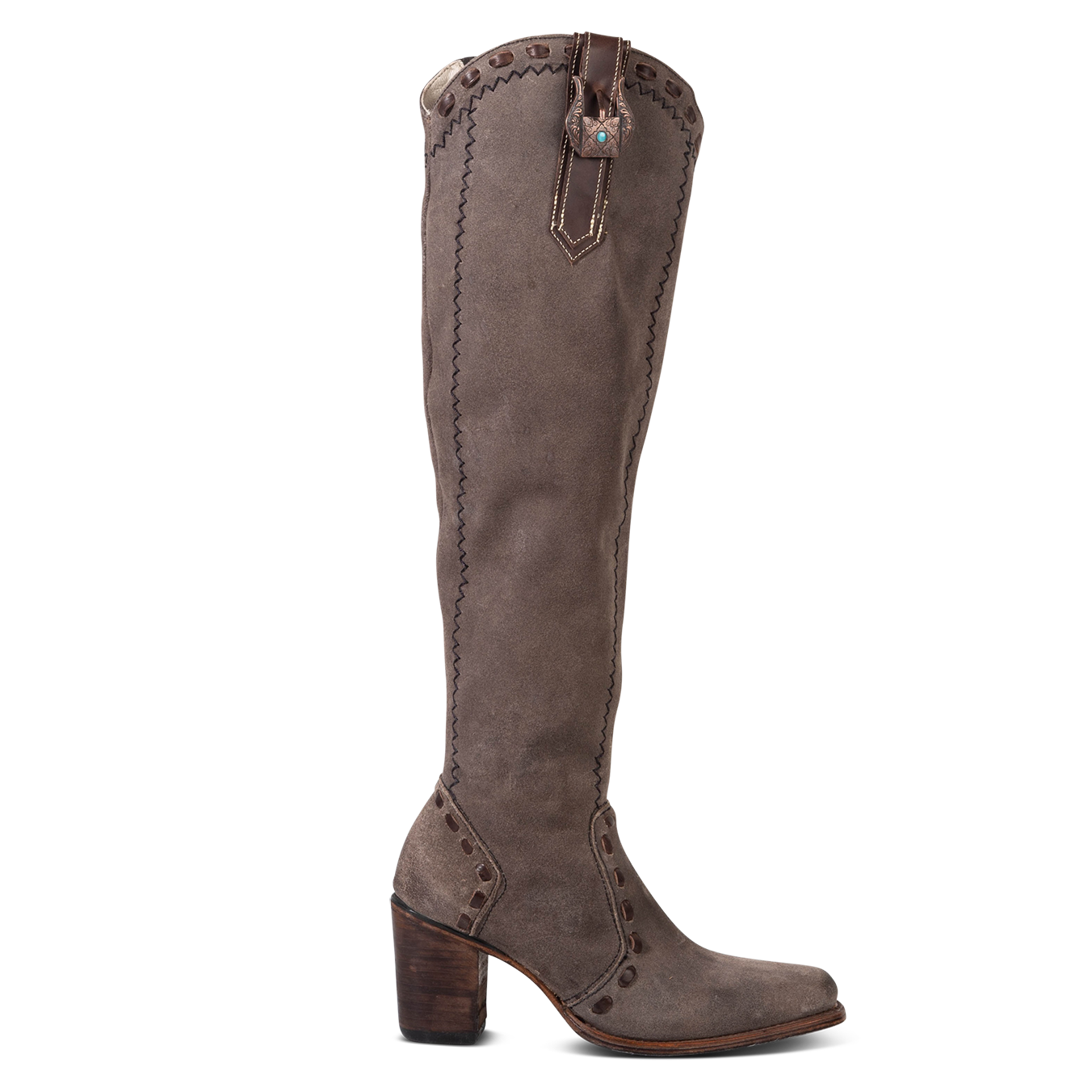 FREEBIRD women's Paisley grey suede knee high boot with whipstitch detailing and brass zip closure