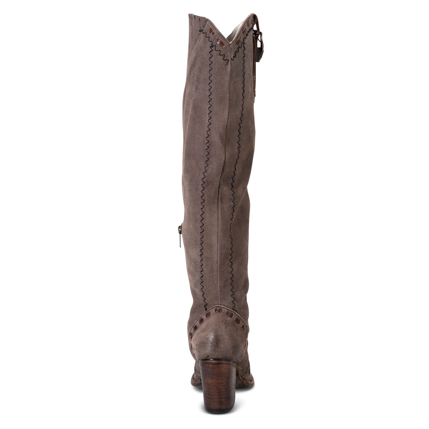 Back view showing high leather wrapped heel on FREEBIRD women's Paisley grey suede boot