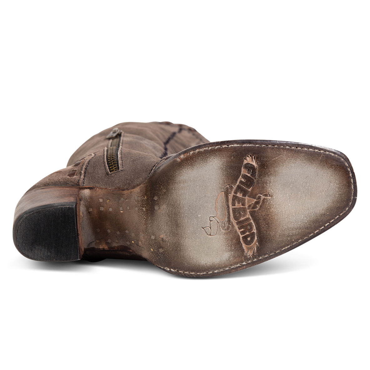 Grey leather sole imprinted with FREEBIRD on women's Paisley grey suede boot