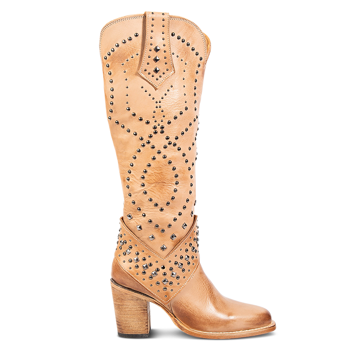 FREEBIRD women's Pamela beige leather boot with silver stud embellishments detailing the shaft, inside working brass zipper and stacked heel