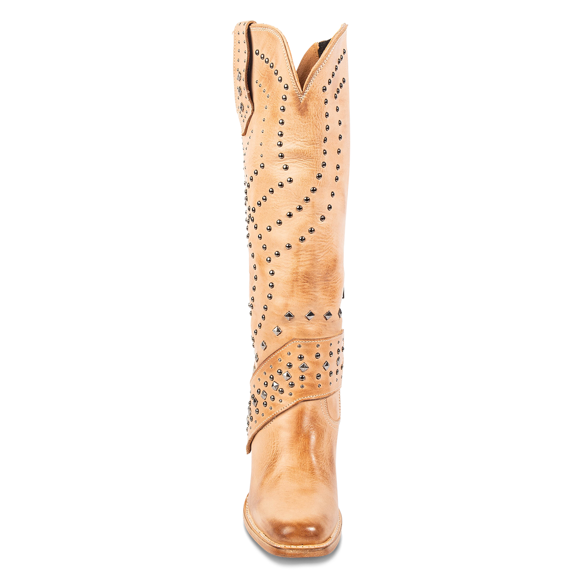 Front view showing silver studded embellishments, an abstract chevron leather overlay and v-cut out on the shaft of FREEBIRD women's Pamela beige leather boot