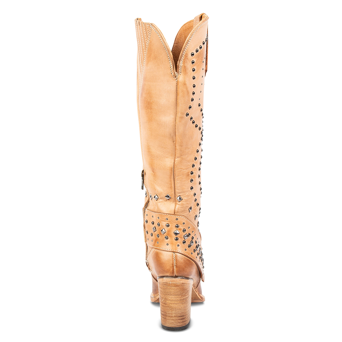 Back view showing a v-cut out on the shaft, stacked heel and silver studded embellishments on FREEBIRD women's Pamela beige leather boot