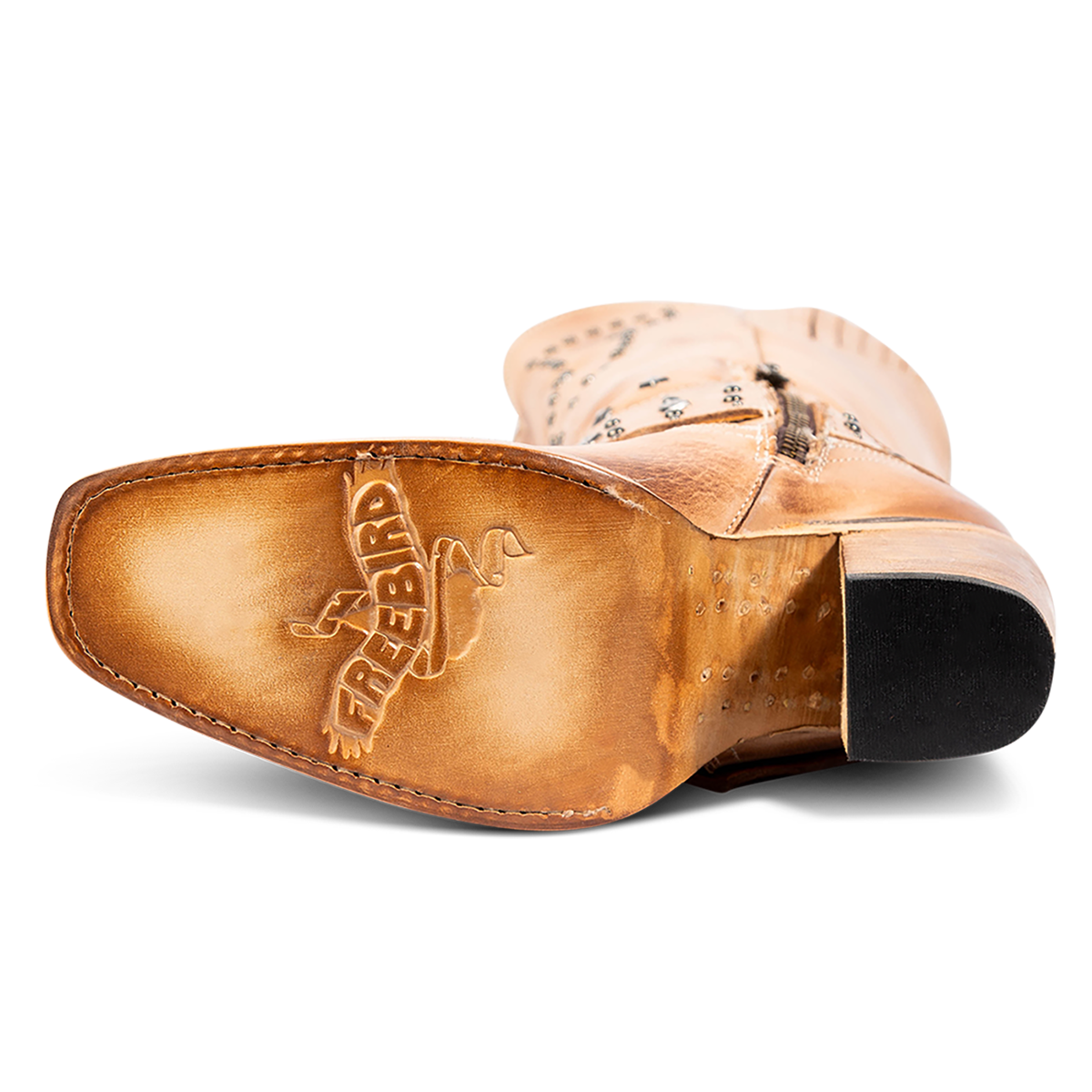 Leather sole imprinted with FREEBIRD on FREEBIRD women's Pamela beige leather boot
