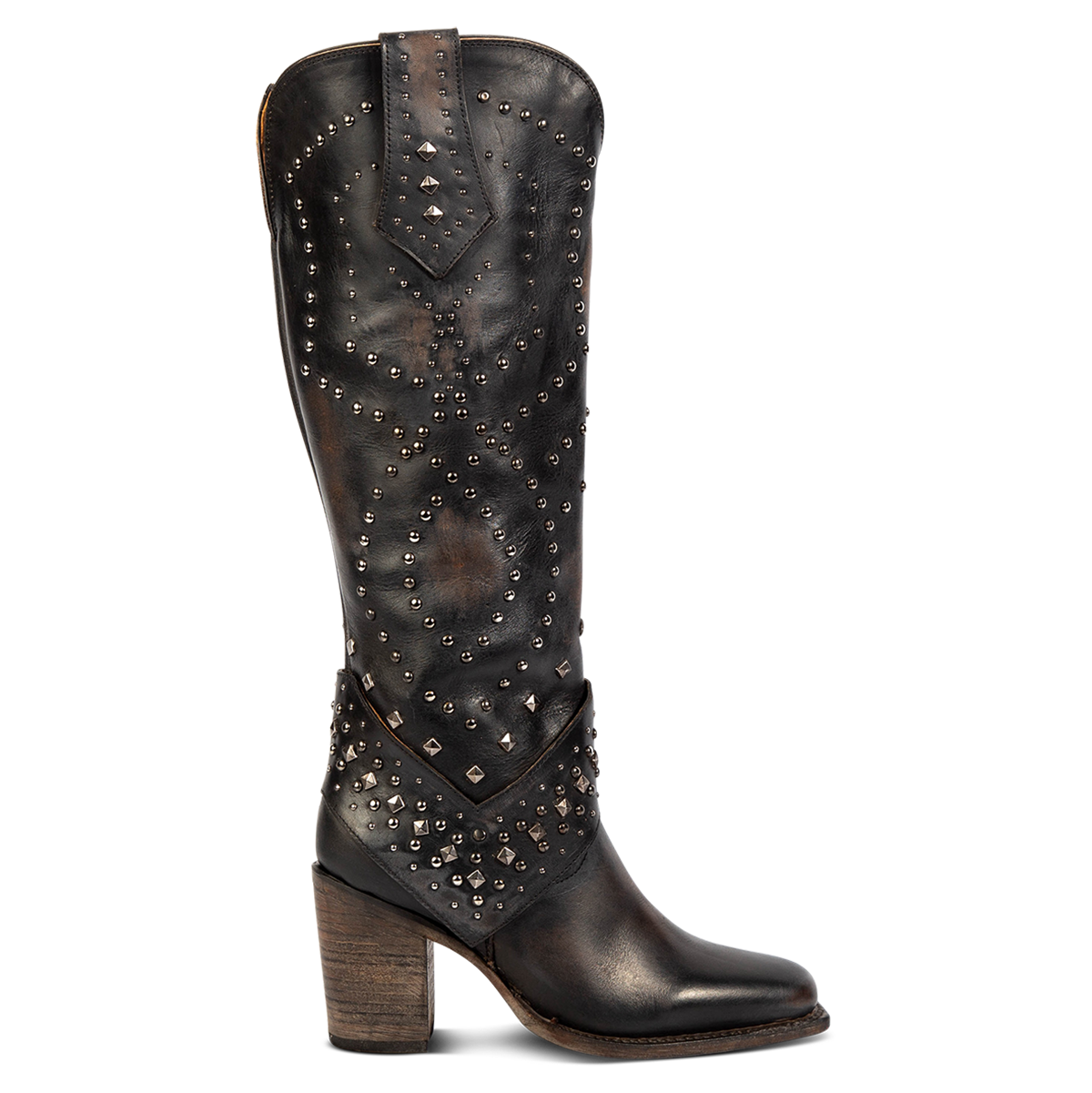FREEBIRD women's Pamela black leather boot with silver stud embellishments detailing the shaft, inside working brass zipper and stacked heel