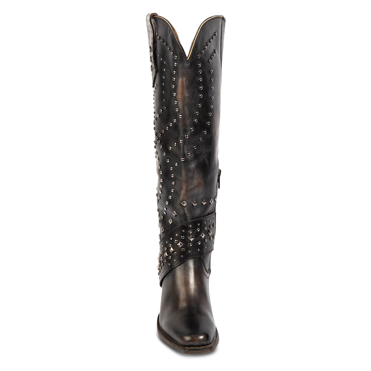 Front view showing silver studded embellishments, an abstract chevron leather overlay and v-cut out on the shaft of FREEBIRD women's Pamela black leather boot
