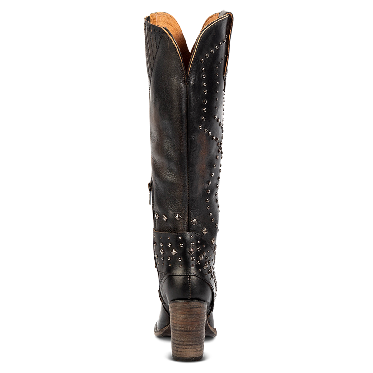 Back view showing a v-cut out on the shaft, stacked heel and silver studded embellishments on FREEBIRD women's Pamela black leather boot