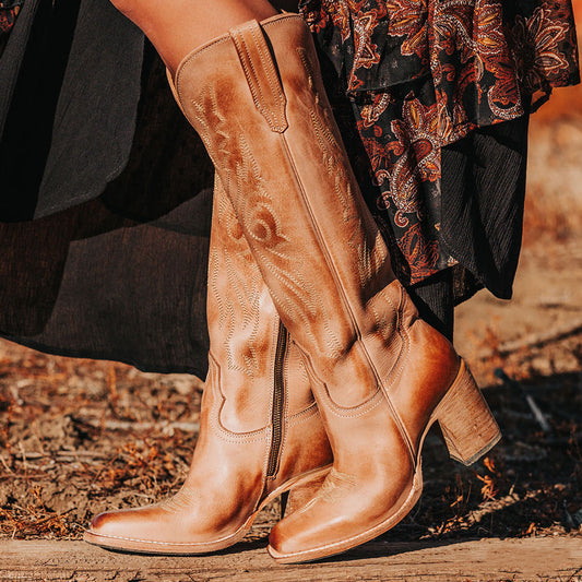 FREEBIRD women's Panama beige leather elevated cowboy boot with shaft stitch detailing, inside working brass zipper, stacked heel and a snip toe