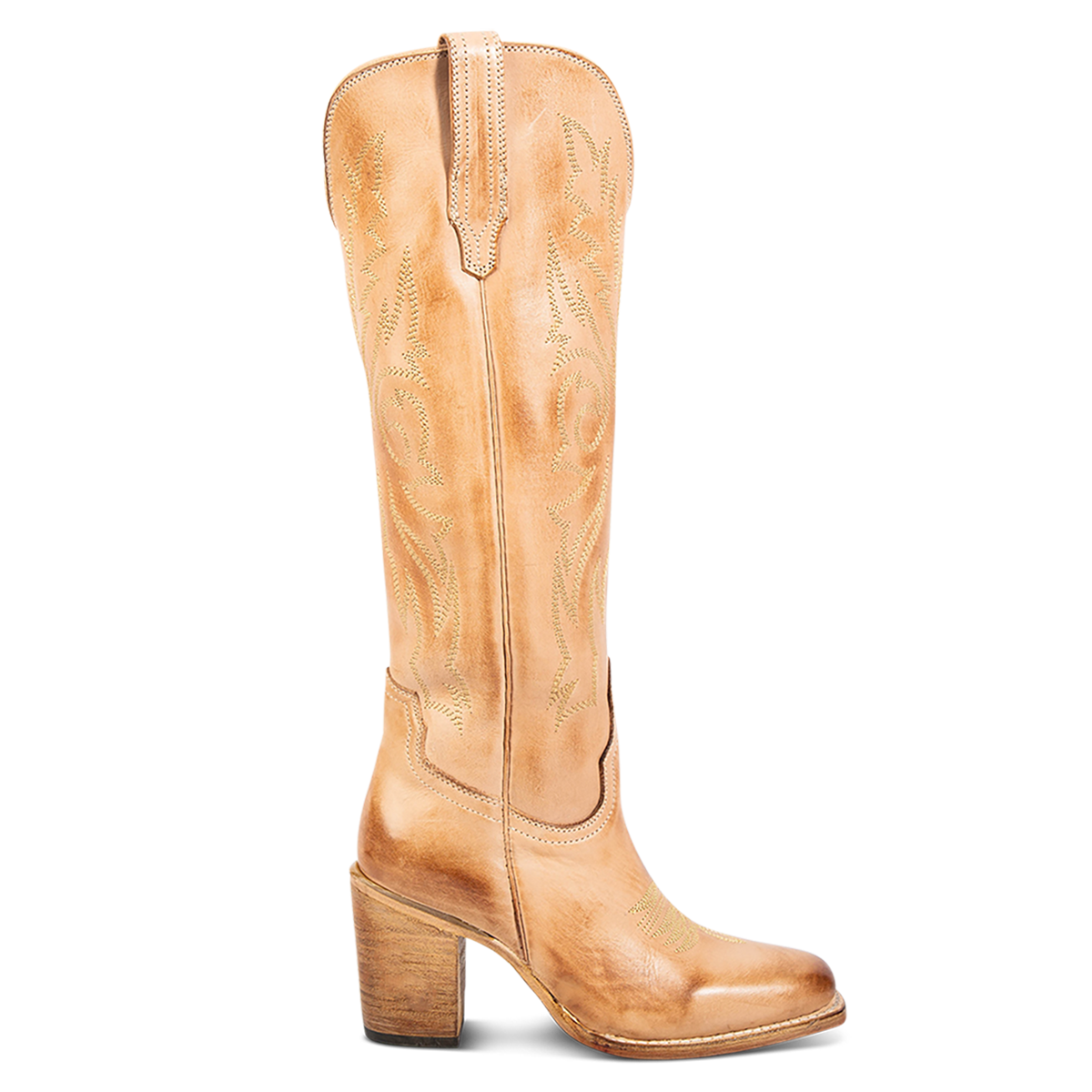 FREEBIRD women's Panama beige leather elevated cowboy boot with shaft stitch detailing, inside working brass zipper, stacked heel and a snip toe