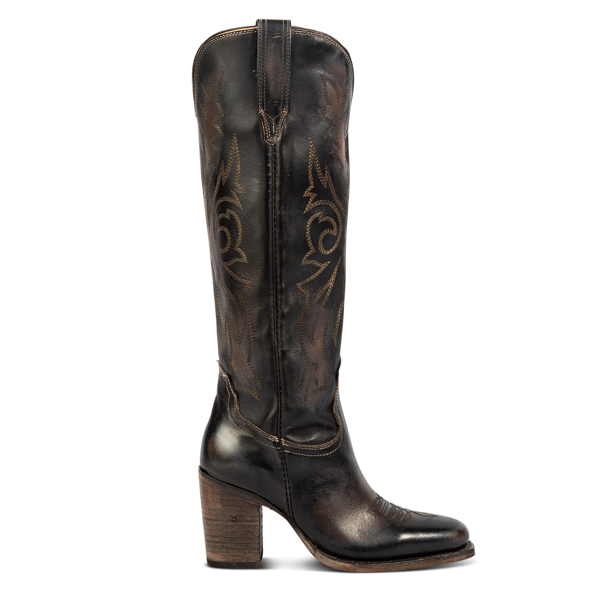 FREEBIRD women's Panama black leather elevated cowboy boot with shaft stitch detailing, inside working brass zipper, stacked heel and a snip toe
