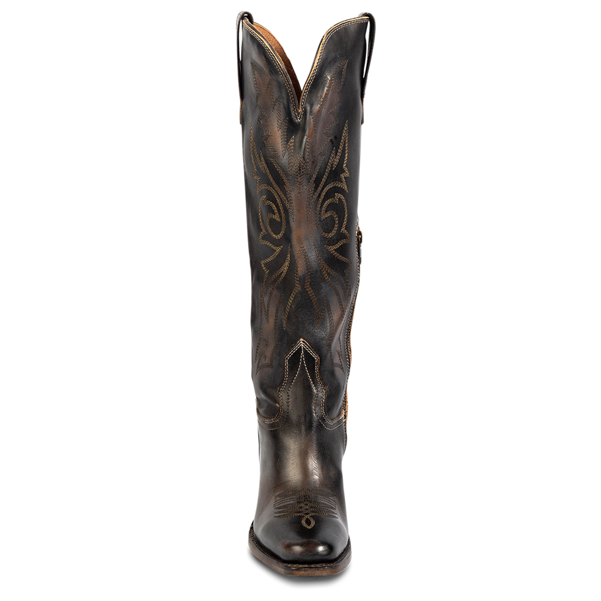 Front view showing shaft stitch detailing, leather pull straps and snip toe construction on FREEBIRD women's Panama black leather boot