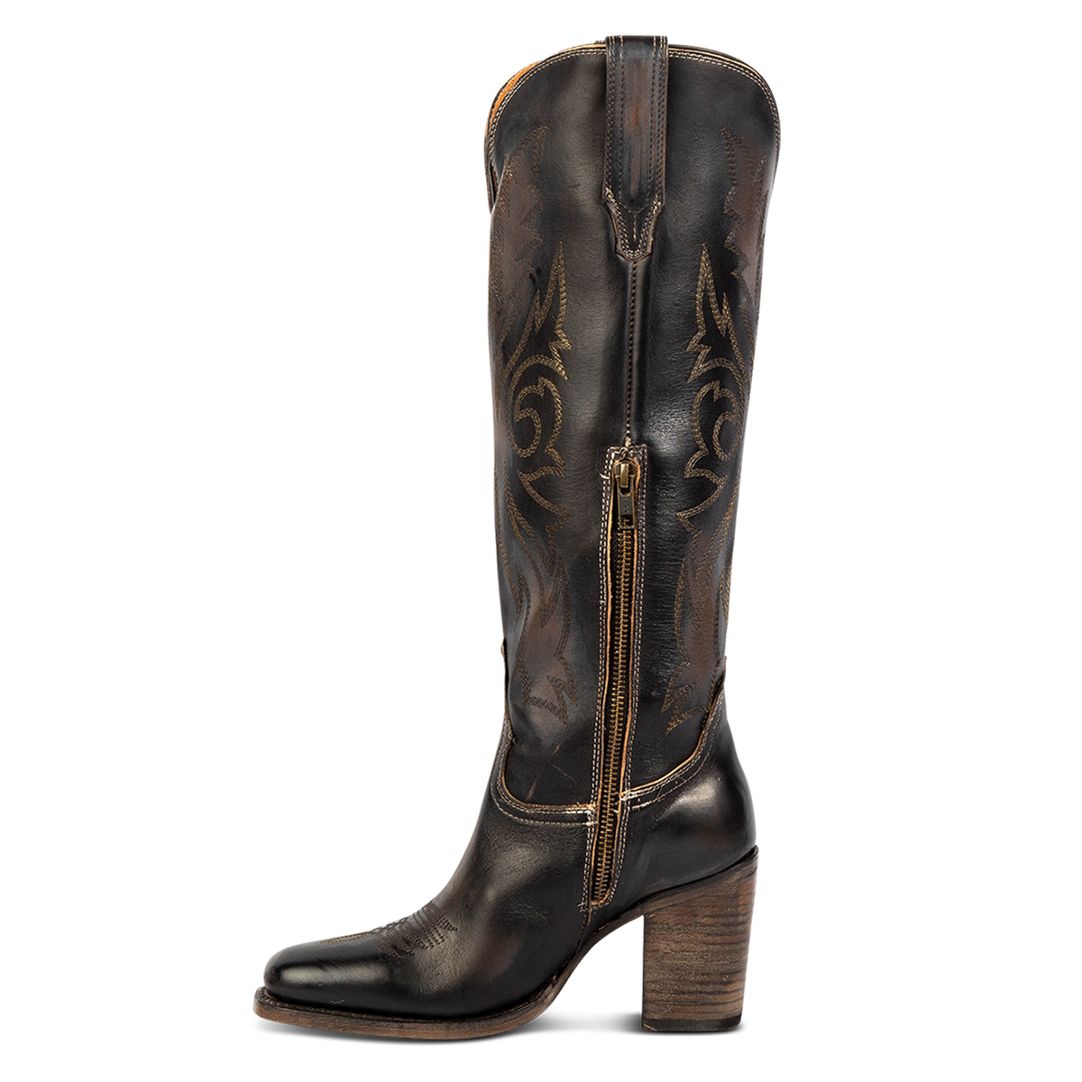 Inside view showing an inside working brass zipper, stacked heel and shaft stitch detailing on FREEBIRD women's Panama black leather boot