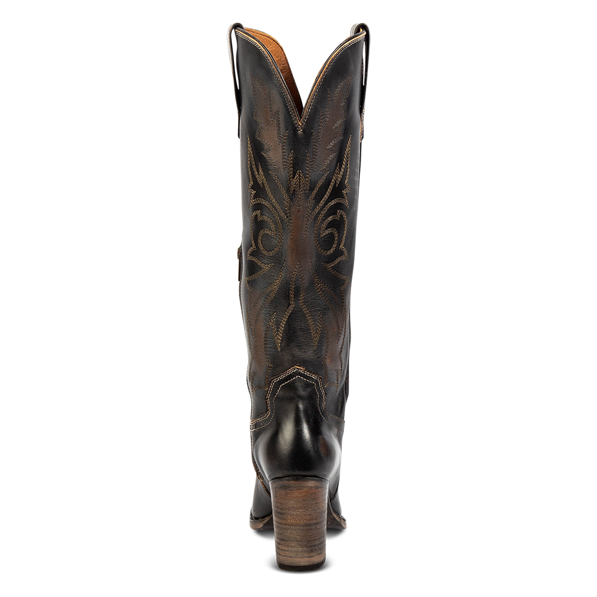Back view showing a stacked heel, shaft stitch detailing and symmetrical leather pull straps on FREEBIRD women's Panama black leather boot