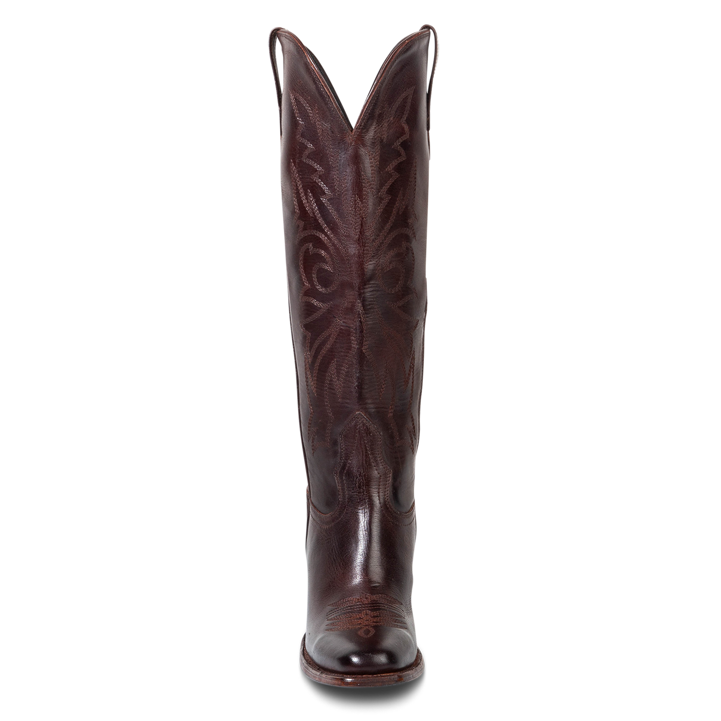 Front view showing shaft stitch detailing, leather pull straps and snip toe construction on FREEBIRD women's Panama brown leather boot